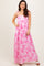 Pink Leaf Print Sleeveless Open Back Smocked Maxi Dress
