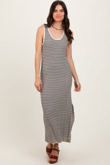 Black Striped Sleeveless Side Slit Midi Dress