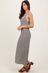Black Striped Sleeveless Side Slit Midi Dress
