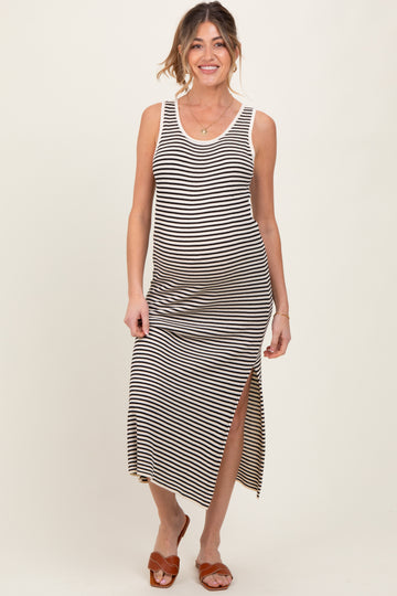 Black Striped Sleeveless Side Slit Maternity Midi Dress