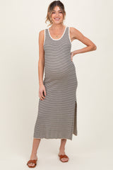 Black Striped Sleeveless Side Slit Maternity Midi Dress