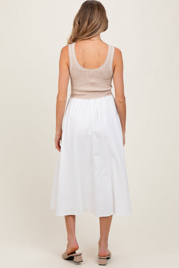 Beige Ribbed Top Contrast Sleeveless Maternity Midi Dress