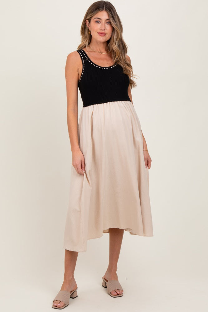 Black Ribbed Top Contrast Sleeveless Maternity Midi Dress