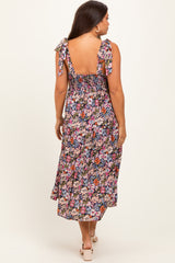 Navy Floral Shoulder Tie Maternity Midi Dress