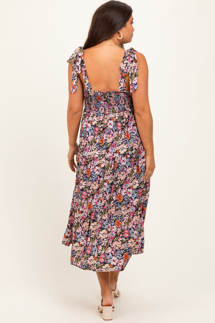 Navy Floral Shoulder Tie Maternity Midi Dress