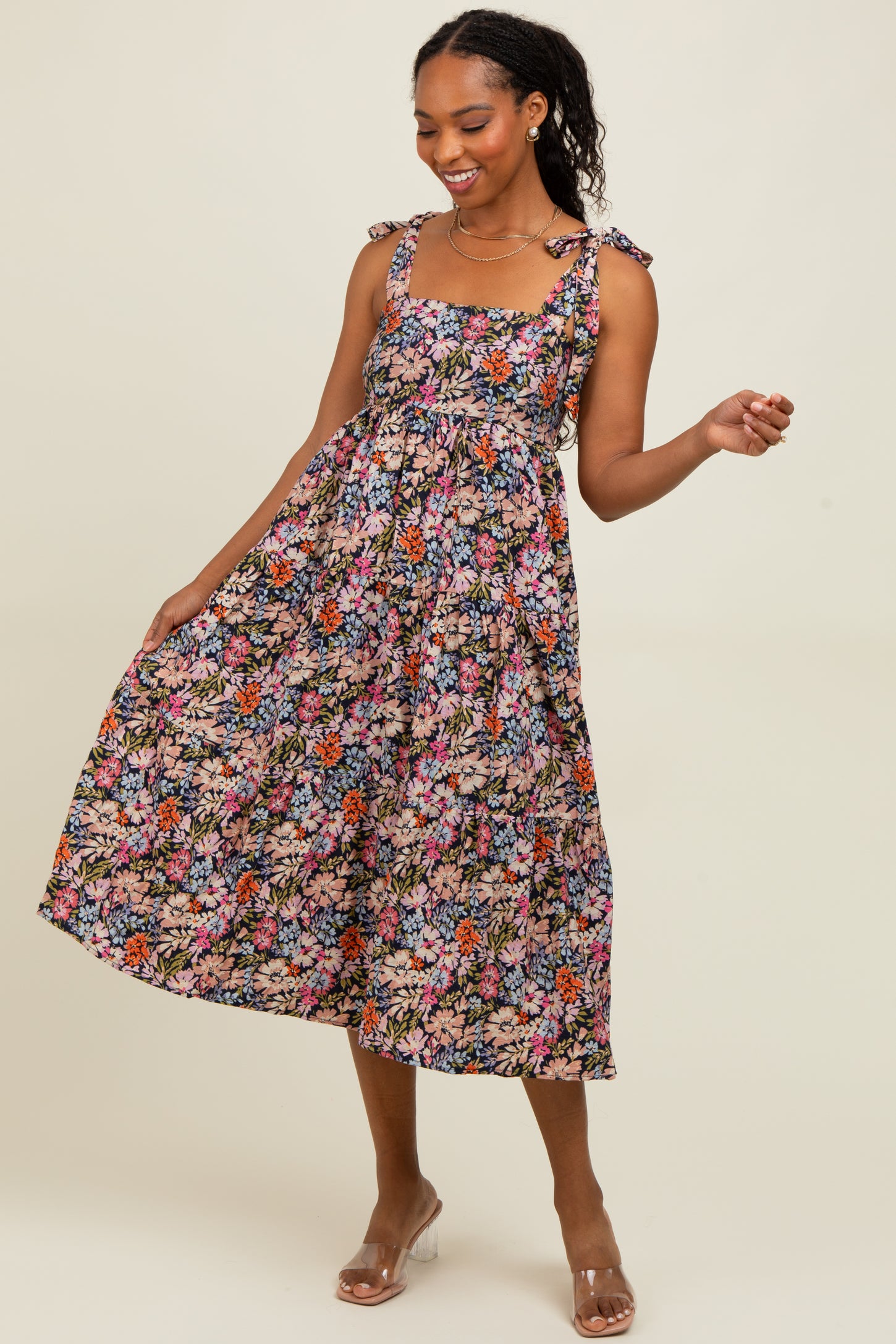 Navy Floral Shoulder Tie Midi Dress