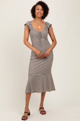 Beige Striped Front Tie Lace Trim Fitted Maternity Midi Dress