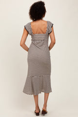 Beige Striped Front Tie Lace Trim Fitted Midi Dress