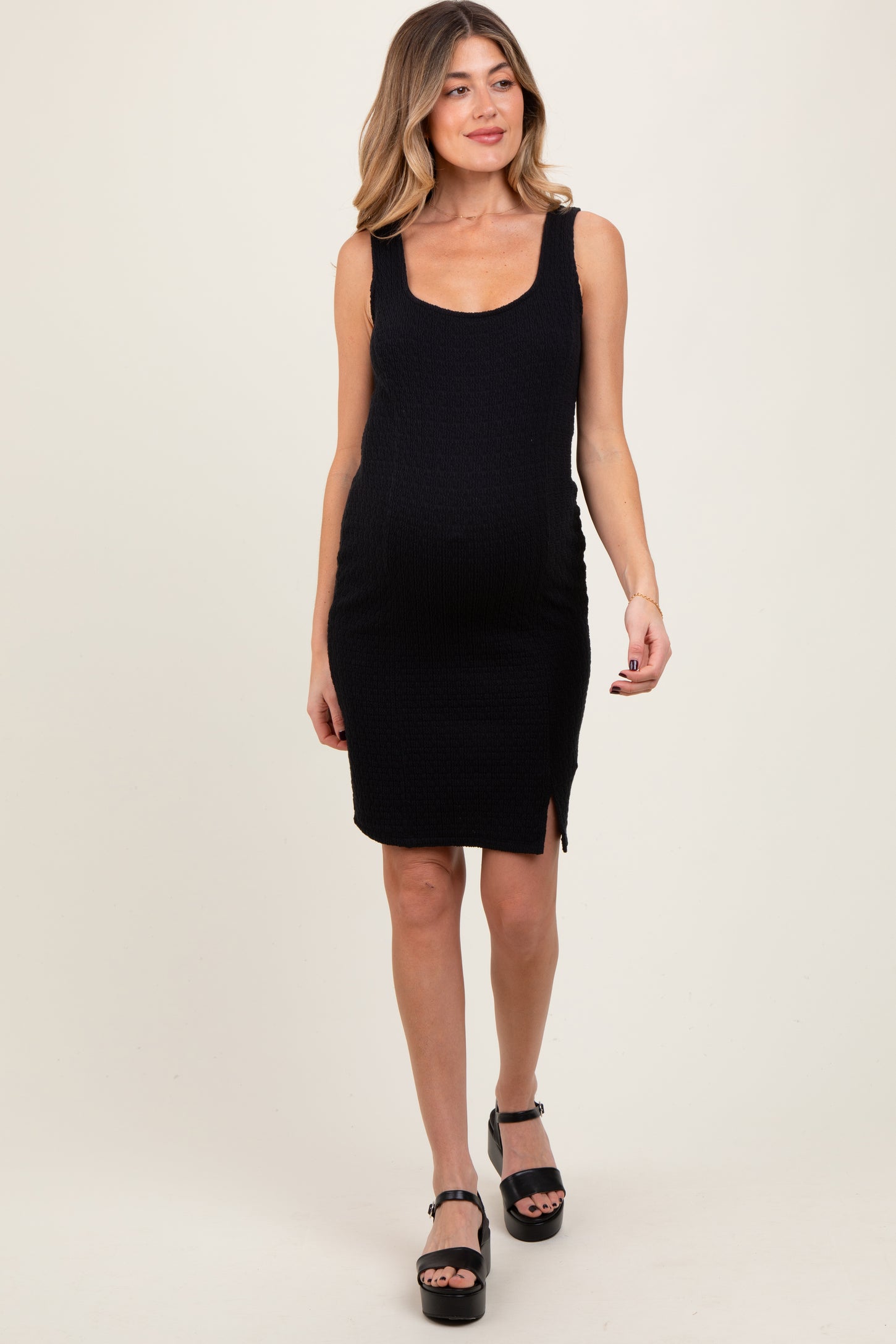 Black Sleeveless Textured Maternity Bodycon Dress