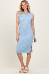 Light Blue Ruffle Sleeve Textured Midi Dress