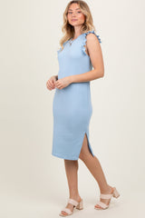 Light Blue Ruffle Sleeve Textured Midi Dress
