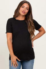 Black Ribbed Short Sleeve Maternity Top
