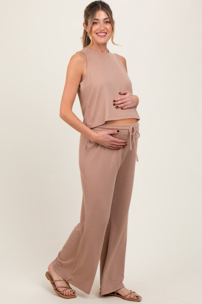 Taupe Sleeveless Top And Wide Leg Pants Maternity Set