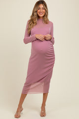 Pink Shimmer Mesh Long Sleeve Ruched Maternity Midi Dress