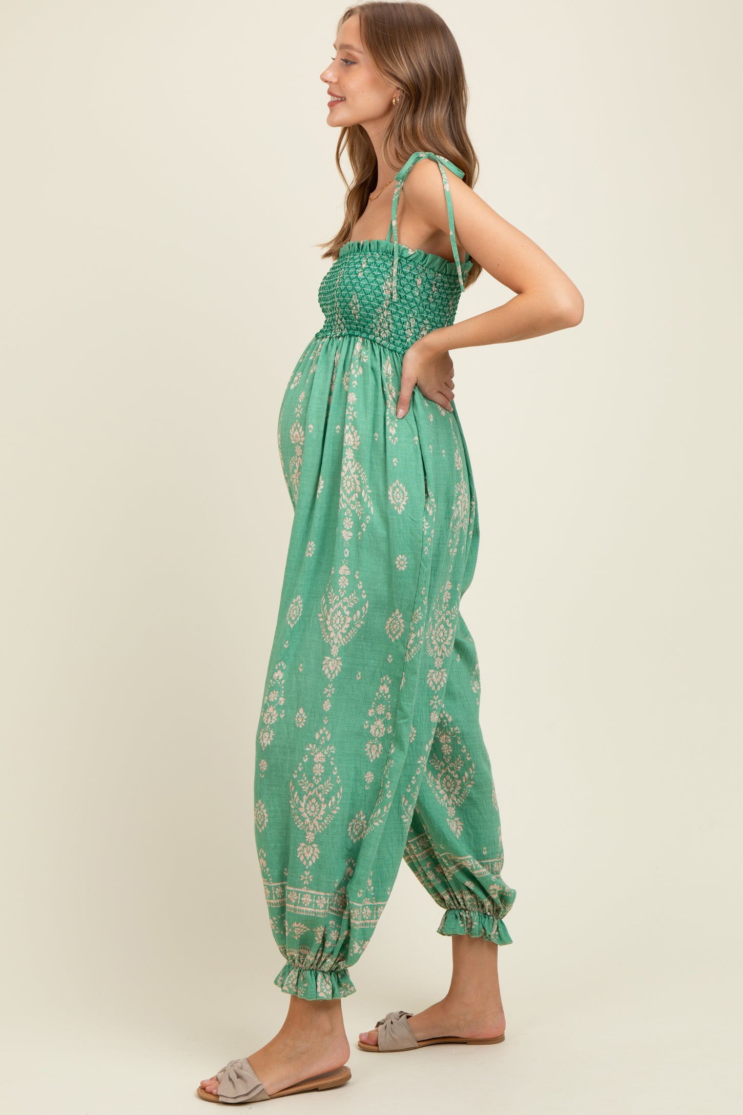 Green Printed Smocked Shoulder Tie Maternity Jumpsuit