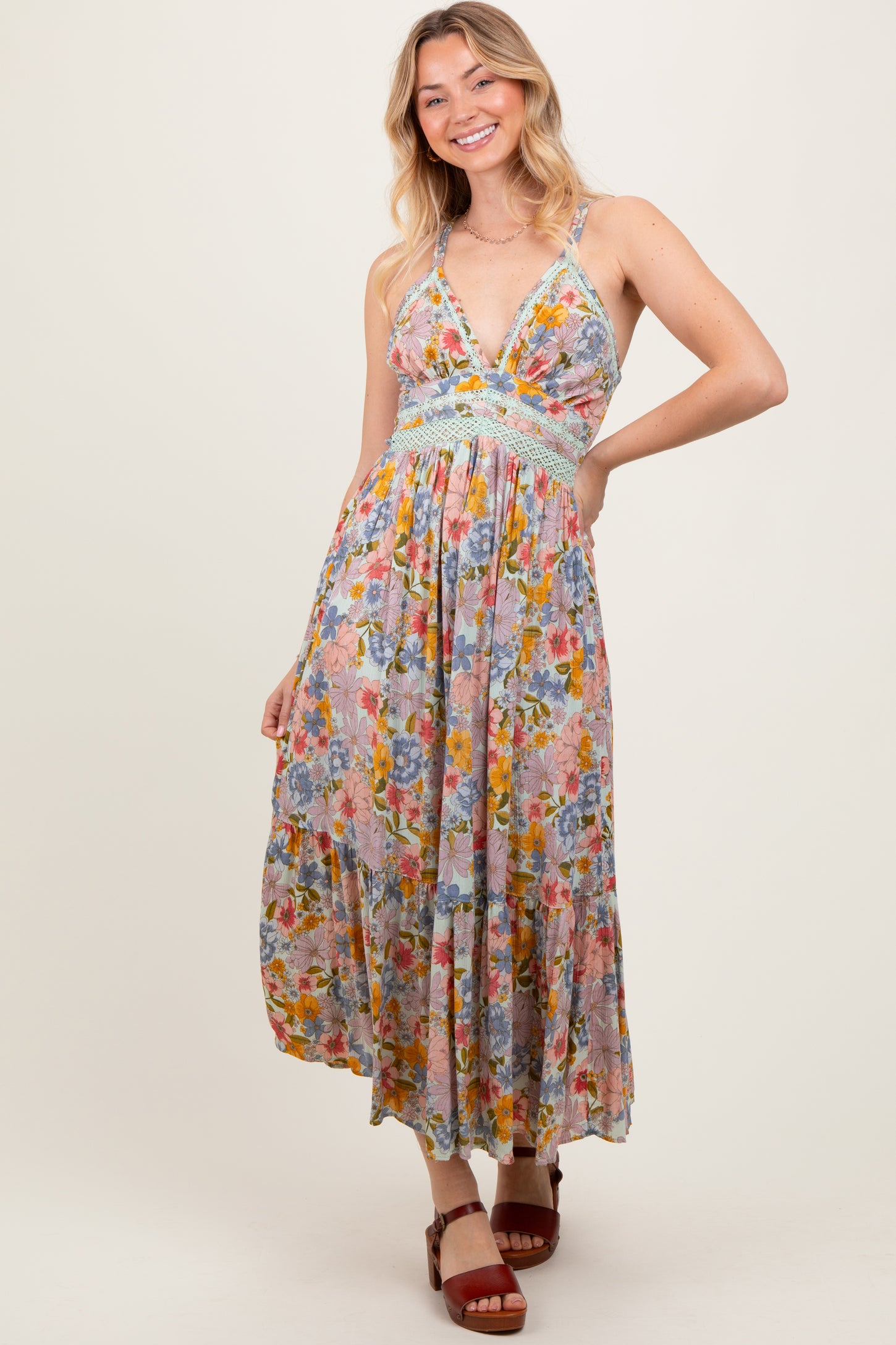 Muticolor Floral Double Strap Lace Trim Midi Dress