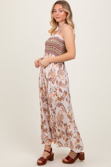 Ivory Paisley Shoulder Tie Smocked Maxi Dress