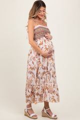Ivory Paisley Shoulder Tie Smocked Maternity Maxi Dress