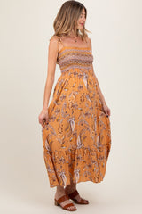 Peach Paisley Shoulder Tie Smocked Maternity Maxi Dress