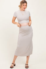 Light Taupe Ribbed Knit Crop Tee Maxi Skirt Maternity Set