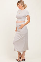 Light Taupe Ribbed Knit Crop Tee Maxi Skirt Maternity Set