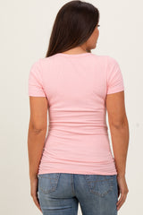 Light Pink Ribbed Scoop Neck Short Sleeve Maternity Top