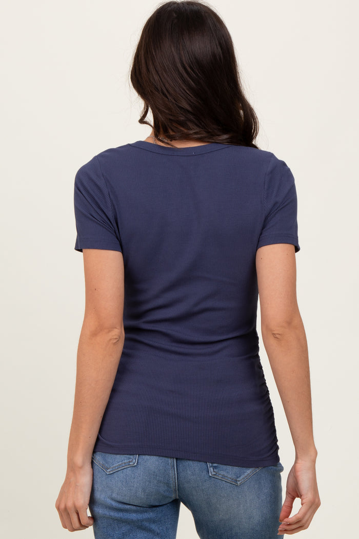 Navy Ribbed Scoop Neck Short Sleeve Top