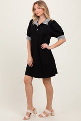 Black Mock Neck Contrast Striped Trim Mini Dress