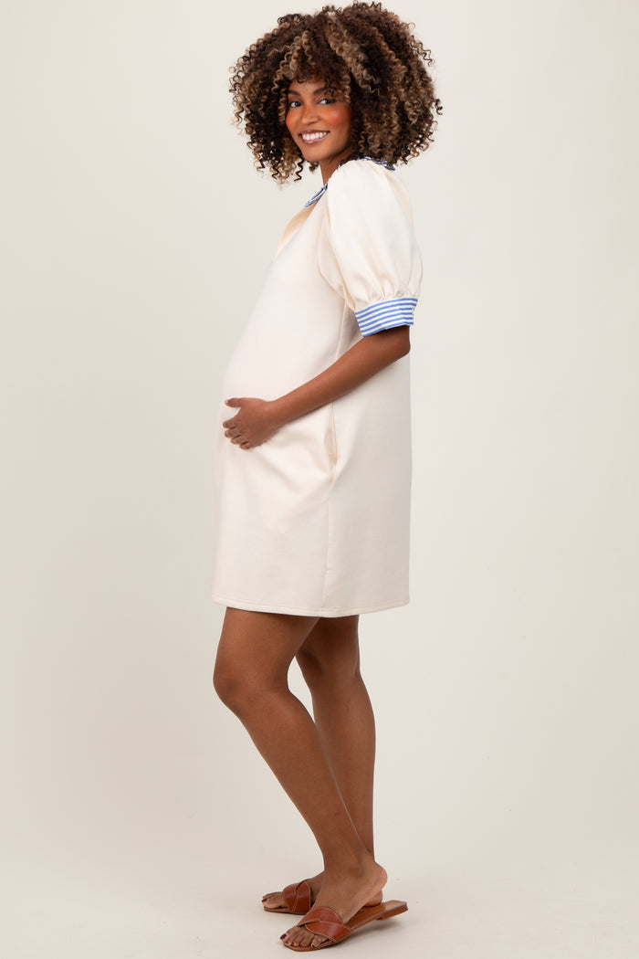 Cream Mock Neck Contrast Striped Trim Maternity Mini Dress