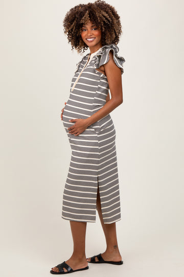 Black Multi-Striped Button Up Ruffle Sleeve Maternity Midi Dress