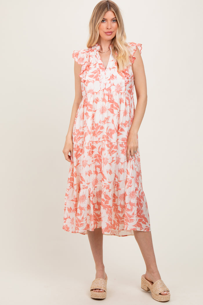 Rust Floral Scallop Hem Tiered Maternity Midi Dress