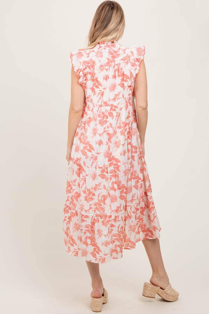 Rust Floral Scallop Hem Tiered Midi Dress