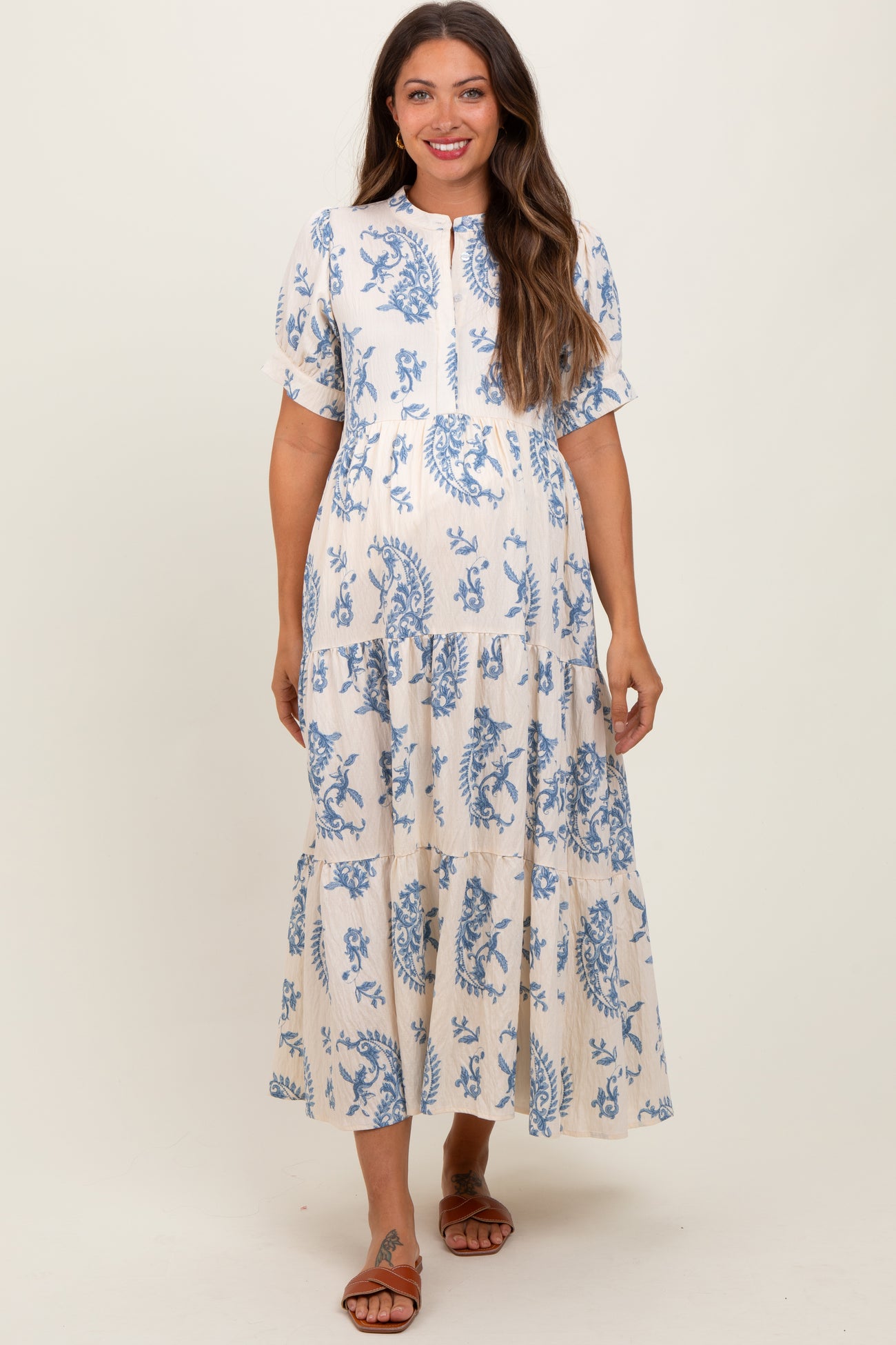 Blue Paisley Button Up Tiered Maternity Maxi Dress