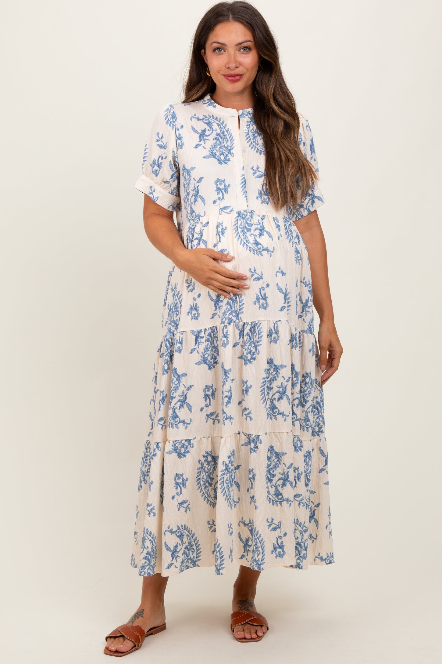 Blue Paisley Button Up Tiered Maternity Maxi Dress
