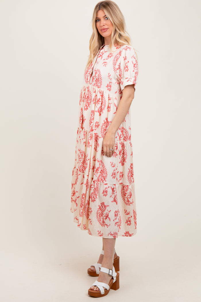 Red Paisley Button Up Tiered Maxi Dress