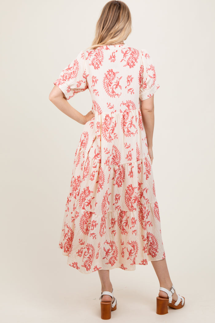 Red Paisley Button Up Tiered Maxi Dress