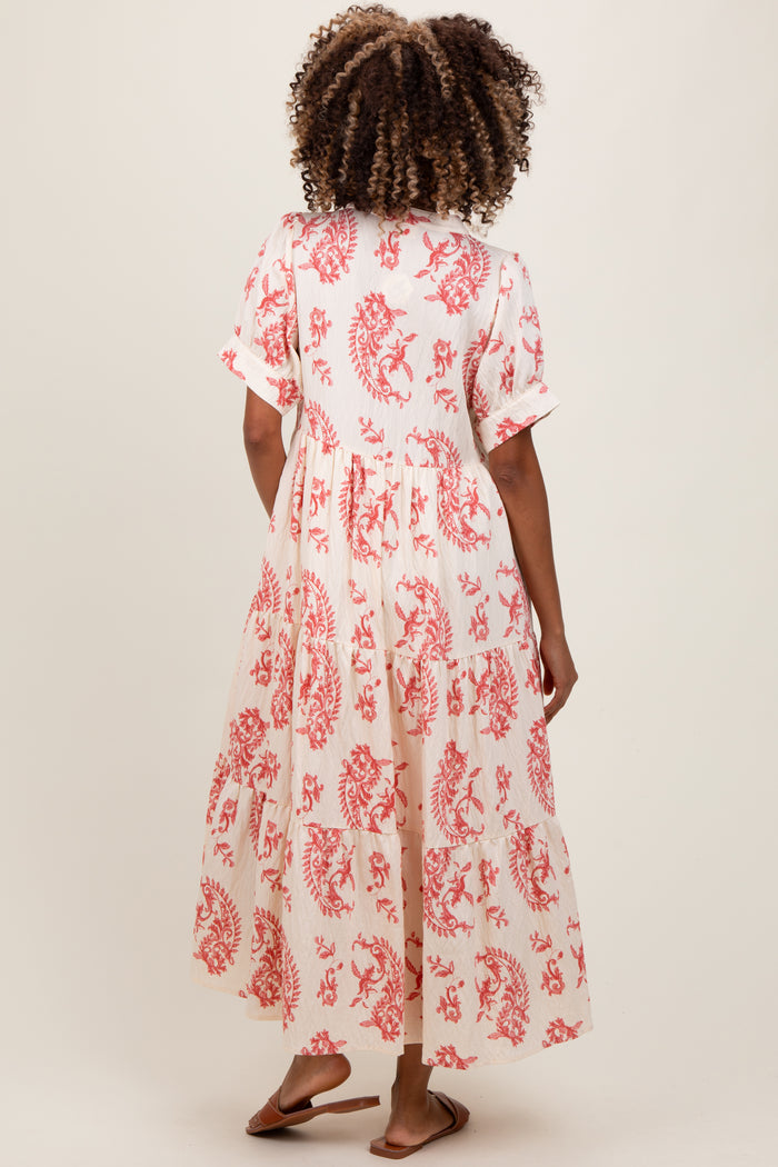 Red Paisley Button Up Tiered Maternity Maxi Dress
