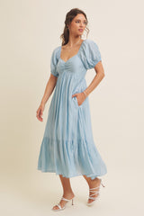 Light Blue Ruched Sweetheart Neck Tiered Midi Dress