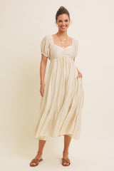 Cream Ruched Sweetheart Neck Tiered Midi Dress