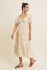 Cream Ruched Sweetheart Neck Tiered Midi Dress