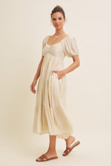 Cream Ruched Sweetheart Neck Tiered Midi Dress