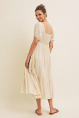 Cream Ruched Sweetheart Neck Tiered Midi Dress