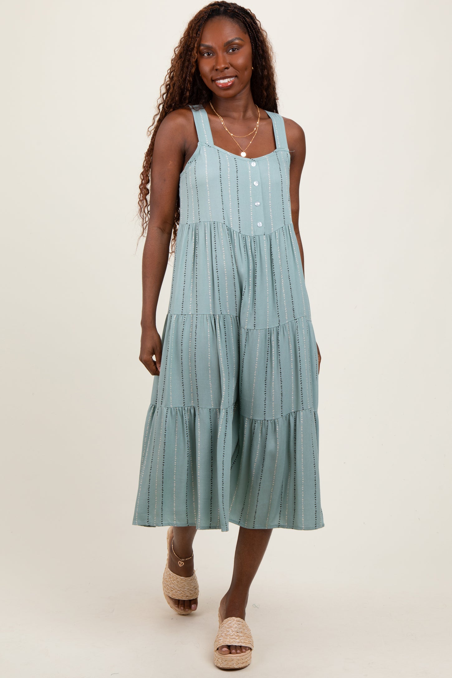 Light Olive Dot Stripe Tiered Maternity Midi Dress