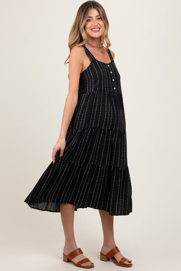 Black Dot Stripe Tiered Maternity Midi Dress