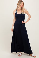 Navy Solid Open Back Sleeveless Maternity Maxi Dress
