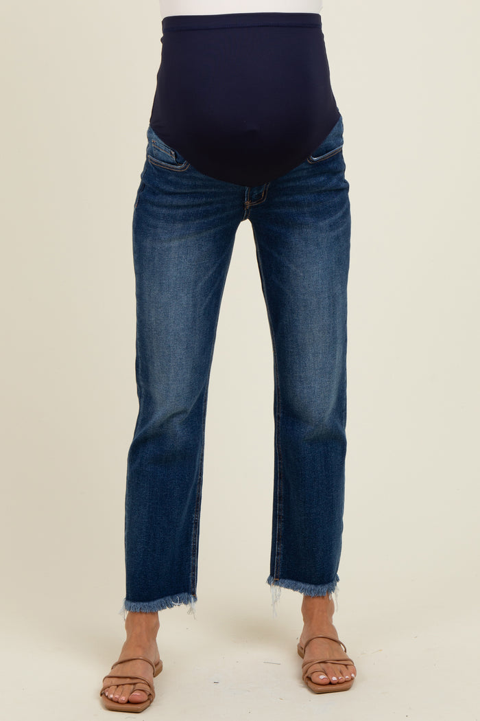 Navy Fringe Hem Cropped Straight Leg Maternity Jeans