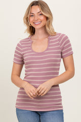 Lavender Cream Stripe Short Sleeve Round Neck Top