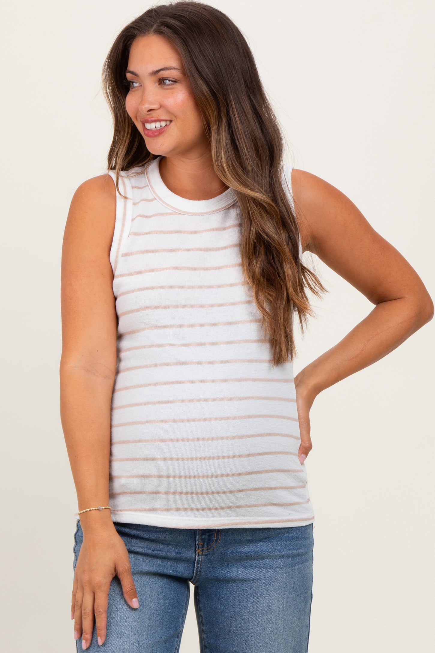 Ivory/Beige Stripe Knitted Maternity Tank Top