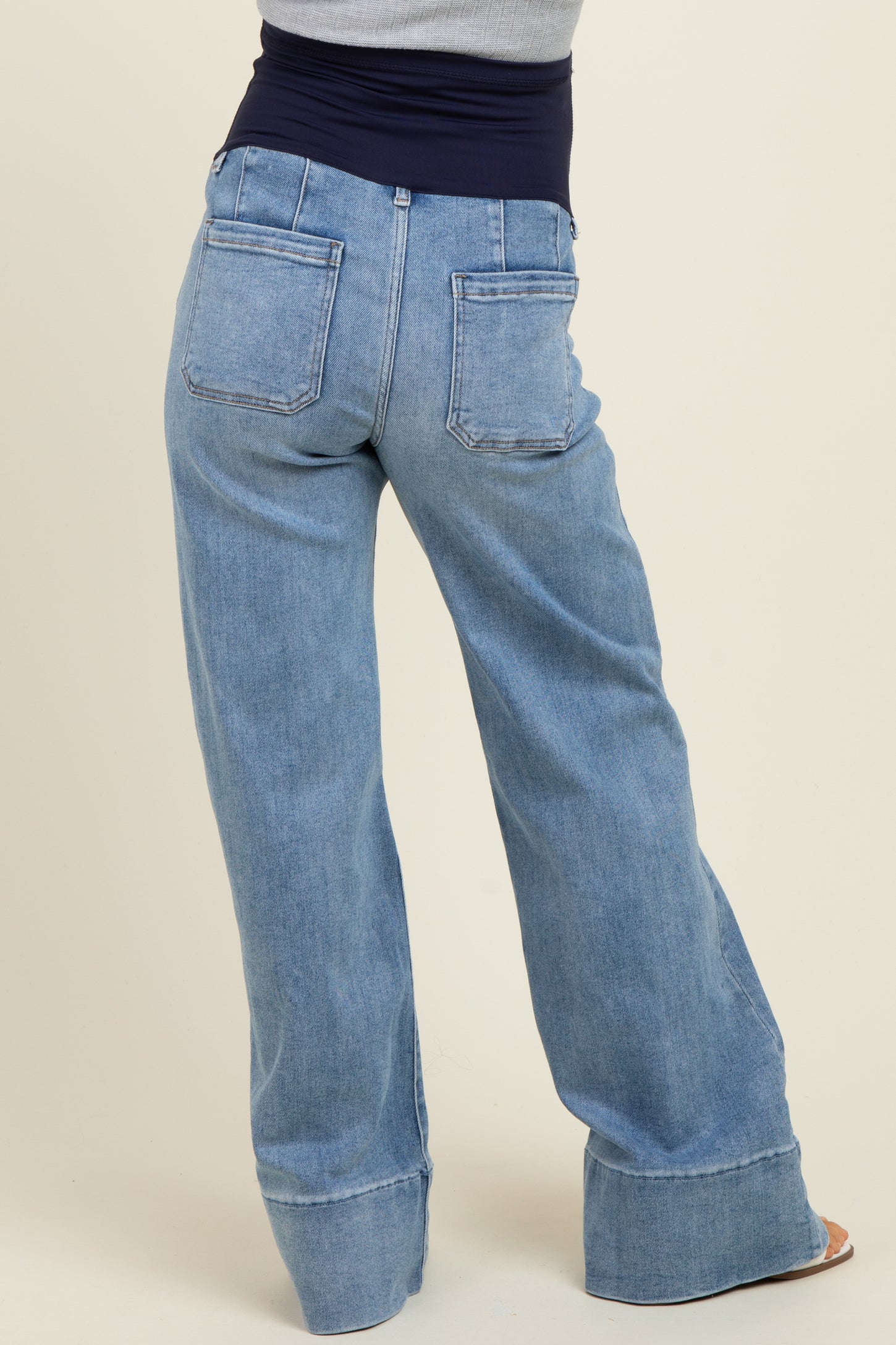 Blue Front Seam Wide Flare Leg Maternity Jeans