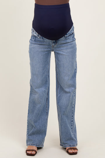 Blue Lightly Distressed Maternity Wide Leg Jeans